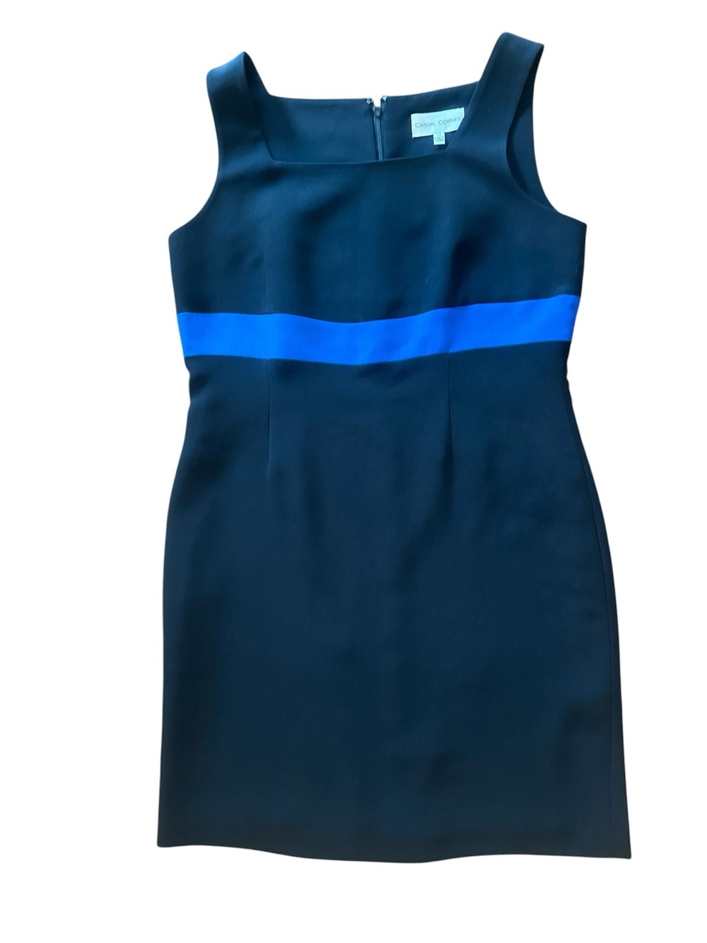 Casual Corner Black Midi Dress with Royal Blue Waistband